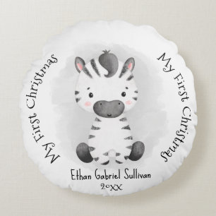 My First Christmas Custom Name Zebra Christmas Round Cushion