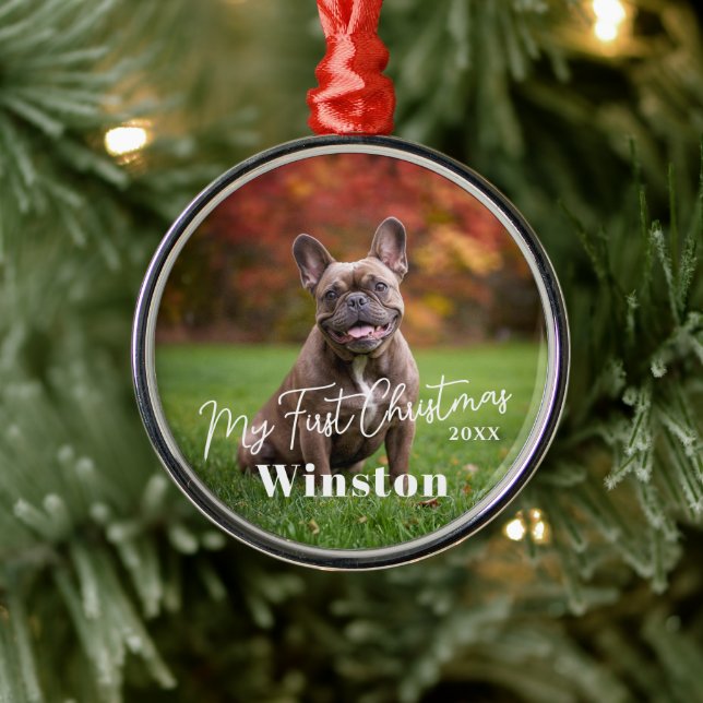 My First Christmas Custom Pet Name Photo Metal Ornament (Tree)