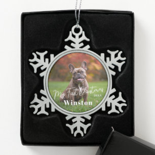 My First Christmas Custom Pet Name Photo Snowflake Pewter Christmas Ornament