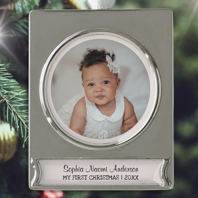 My First Christmas Custom Photo Name Cute Pink Silver Plated Banner Ornament (A cute banner ornament for baby's 1st Christmas, personalized with photo, name and year number)