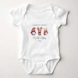My First Christmas Cute Animals 1st Christmas Name Baby Bodysuit