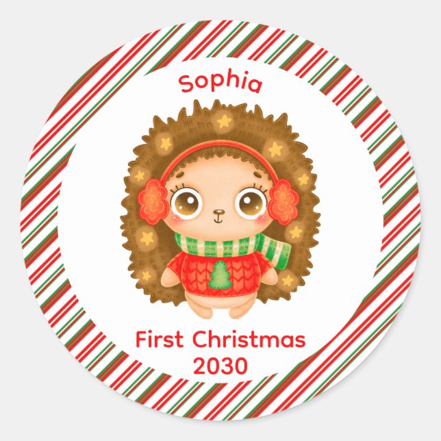 My First Christmas cute baby girl name christmas Classic Round Sticker (Front)