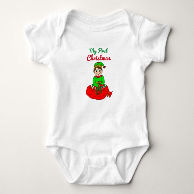 My First Christmas Cute Cartoon Elf Baby Bodysuit (Front)
