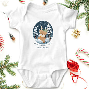 My First Christmas Cute Deer in Snow Baby Bodysuit