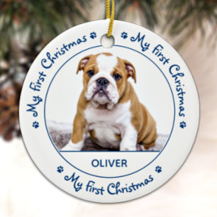 My First Christmas - Cute Dog Blue Puppy Pet Photo Ceramic Ornament