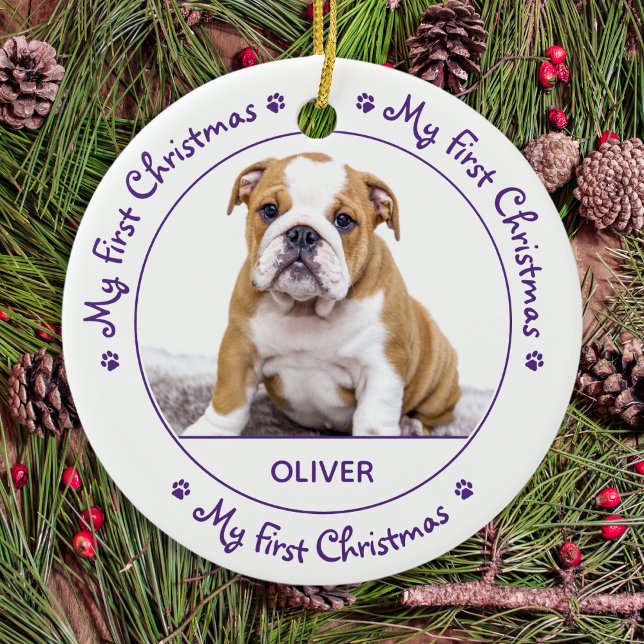 My First Christmas Cute Dog Purple Puppy Pet Photo Ceramic Ornament (Creator Uploaded)
