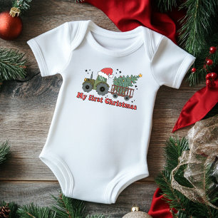 My First Christmas Cute Farm Tractor Baby Bodysuit