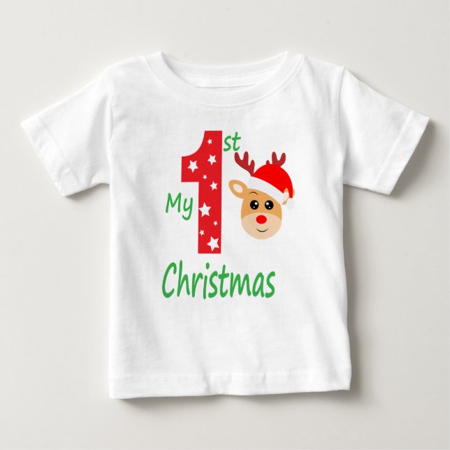 My First Christmas Cute Modern Reindeer Baby T-Shirt (Front)
