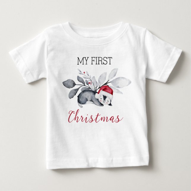 My First Christmas Cute Penguin Modern Botanical Baby T-Shirt (Front)