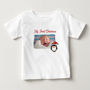 My First Christmas Cute Penguin Personalised Photo Baby T-Shirt
