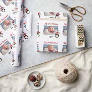 My First Christmas Cute Penguin Personalised Photo Wrapping Paper