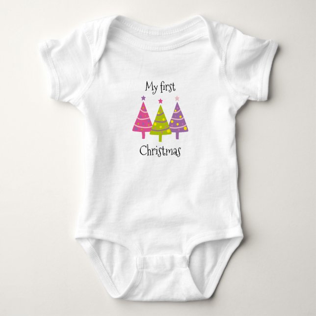 My First Christmas Cute Pink Trees Baby Bodysuit (Front)