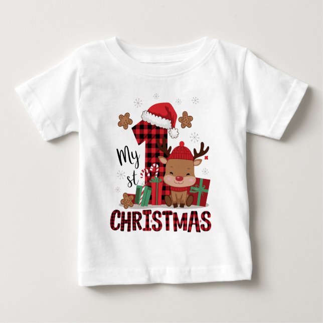 My First Christmas Cute Reindeer Red Plaid Baby T-Shirt (Front)