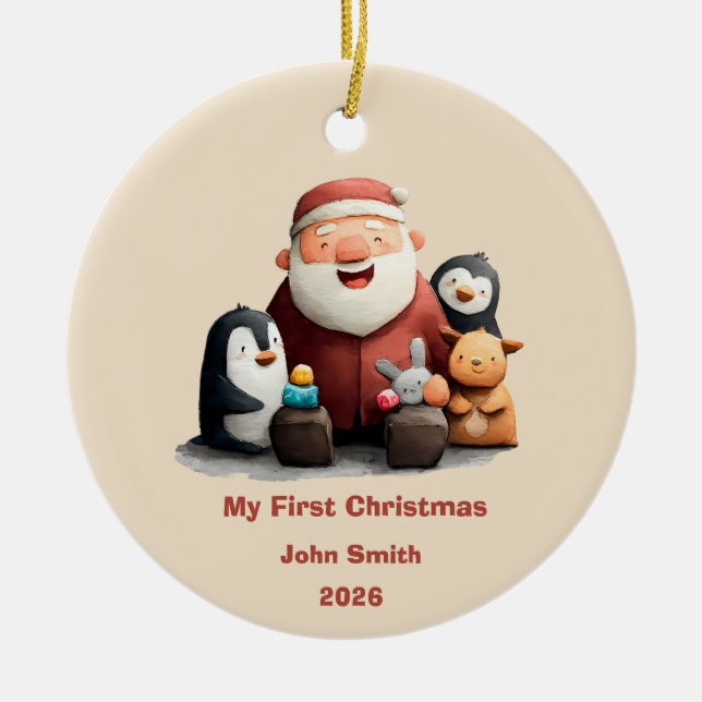 My First Christmas Cute Santa & Animals Ceramic Ornament (Front)