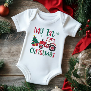 My First Christmas Cute Santa Tractor Farm Baby Bodysuit