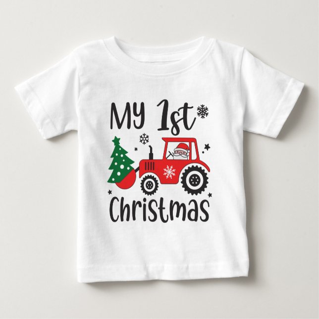 My First Christmas Cute Santa Tractor Farm Baby T-Shirt (Front)