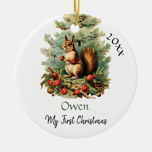 My First Christmas Cute Squirrel Baby Name Ceramic Ornament (Front)