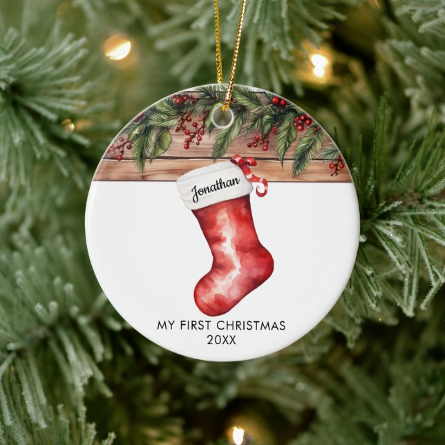 My first Christmas cute stocking baby boy girl Ceramic Ornament (Tree)