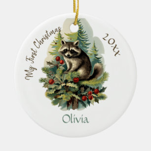 My First Christmas Cute Vintage Racoon Baby Name Ceramic Ornament
