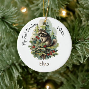 My First Christmas Cute Vintage Racoon Baby Name Ceramic Ornament