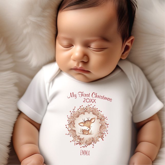 My First Christmas Deer Custom Name Beige Neutral Baby Bodysuit (My First Christmas Deer Custom Name Beige Neutral Baby Bodysuit)