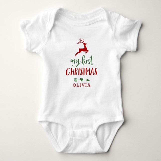 My First Christmas Deer Name Baby Bodysuit (Front)