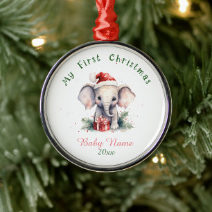 My First Christmas Elephant Custom Name Keepsake Metal Ornament