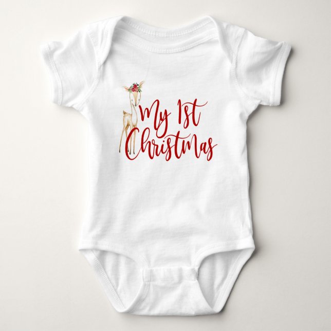 My First Christmas Floral Deer Girl Baby Bodysuit (Front)
