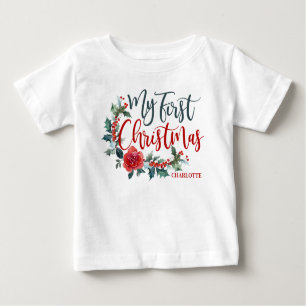 My First Christmas Floral Personalised Girl Baby T-Shirt