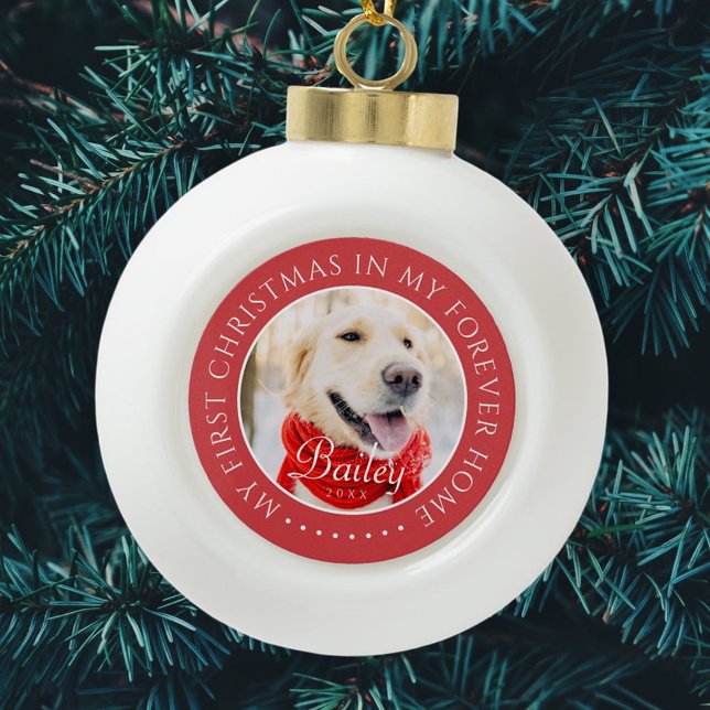 My First Christmas Forever Home Modern Pet Photo Ceramic Ball Christmas Ornament (Creator Uploaded)