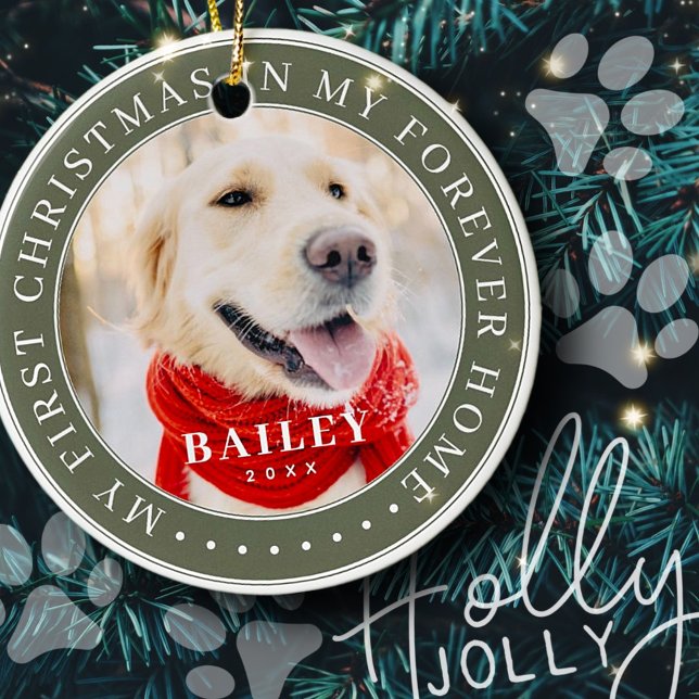 My First Christmas Forever Home Modern Pet Photo Ceramic Ornament (Creator Uploaded)