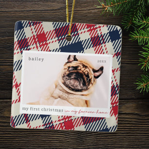 My First Christmas Forever Home Plaid Pet Photo Ceramic Ornament