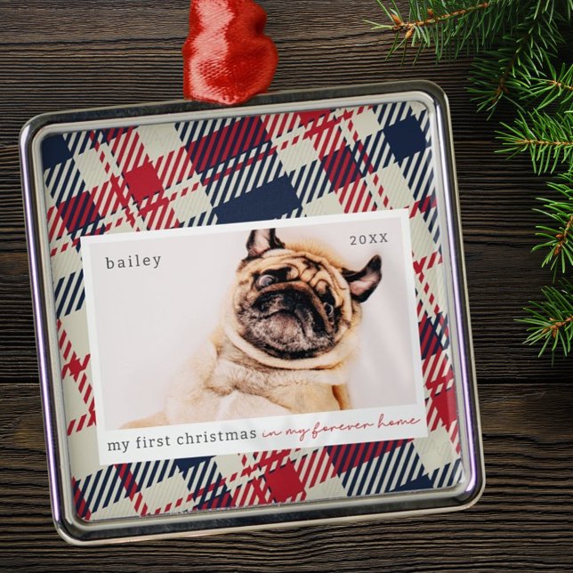 My First Christmas Forever Home Plaid Pet Photo Metal Ornament (Creator Uploaded)