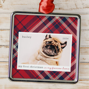 My First Christmas Forever Home Plaid Pet Photo Metal Ornament