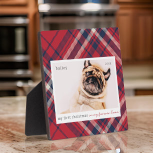 My First Christmas Forever Home Plaid Pet Photo Plaque