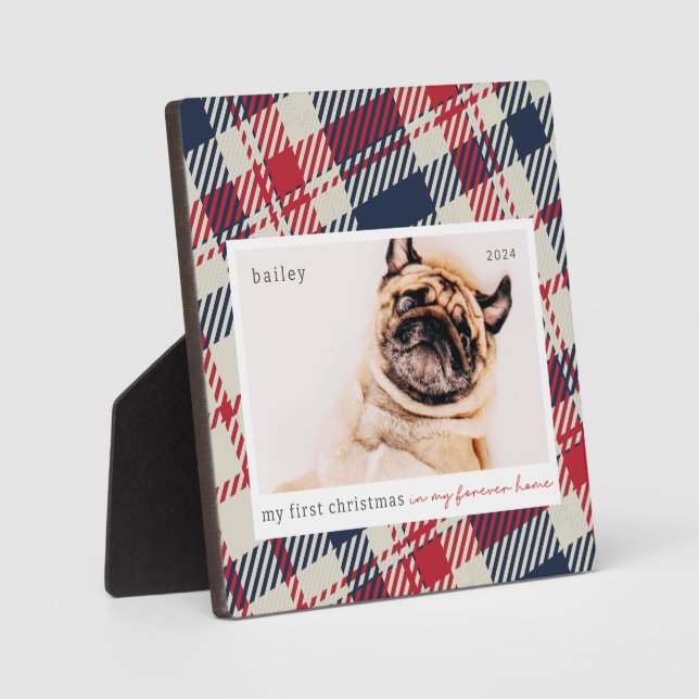 My First Christmas Forever Home Plaid Pet Photo Plaque (Front)
