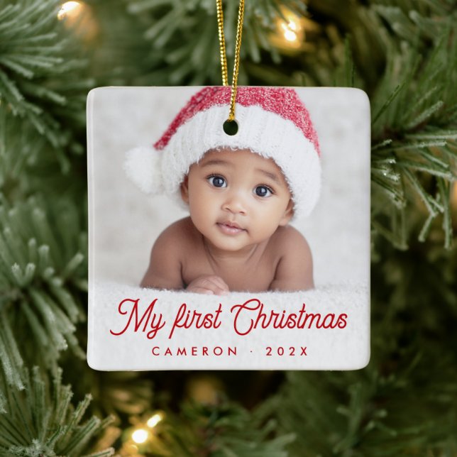 My first Christmas full baby photo name year Ceramic Ornament (Tree)