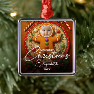 My First Christmas Fun Cute Gingerbread Photo Metal Ornament