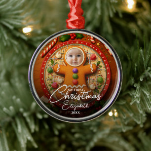 My First Christmas Fun Cute Gingerbread Photo Metal Ornament