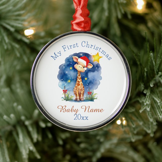 My First Christmas Giraffe Custom Name Keepsake Metal Ornament (Creator Uploaded)