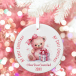 My First Christmas Girl Custom Name Pink Bear Ceramic Ornament<br><div class="desc">This delightful ornament showcases a charming pink teddy bear adorned in a pink bow, cradling a Christmas gift, all in a sweet watercolor style. This ornament is designed with personalisation in mind. Edit the text with your baby girl’s name and the year. “My First Christmas” adorns both sides of the...</div>