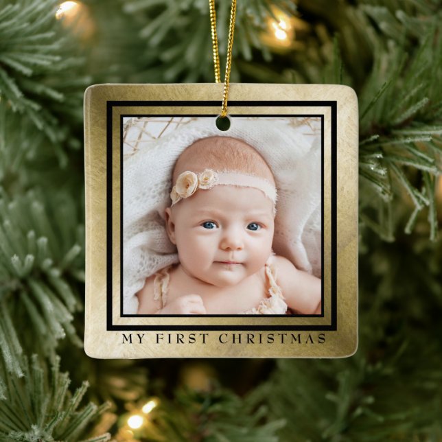 My First Christmas Gold Black Baby Photo Ceramic Ornament (Tree)