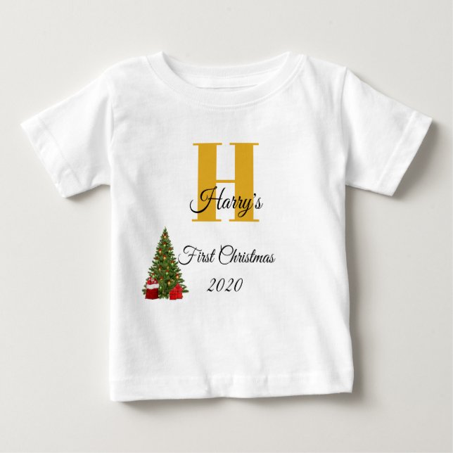 My First Christmas Gold Christmas Tree Editable Baby T-Shirt (Front)