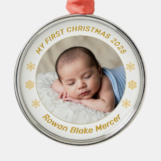 My First Christmas Gold Personalized Baby Photo  Metal Ornament
