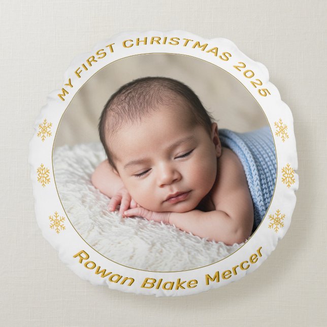 My First Christmas Gold Personalized Baby Photo  Round Cushion (Front)