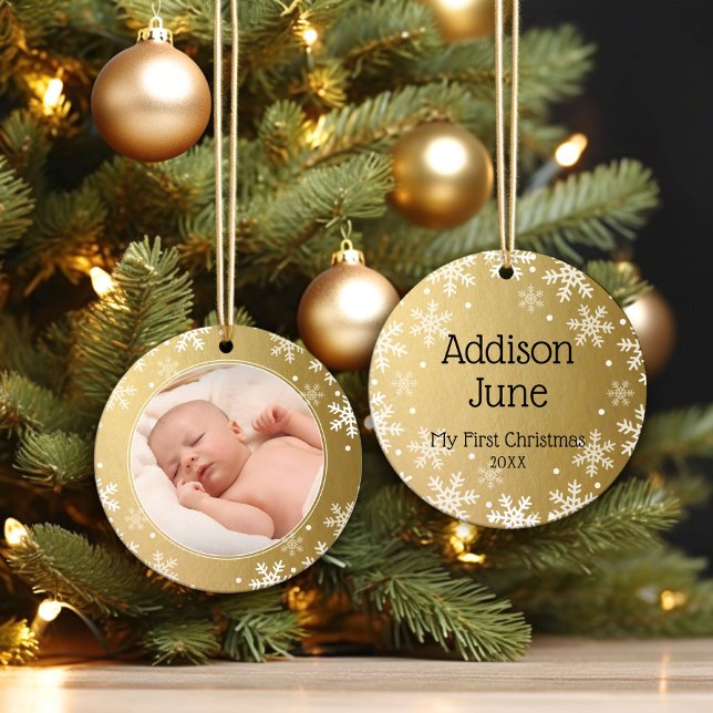 My First Christmas, Gold Photo Keepsake Ceramic Ornament (Creator Uploaded)