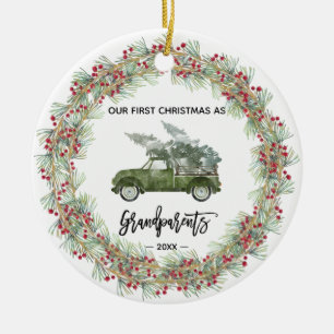 My First Christmas Grandparents Truck Greenery Ceramic Ornament