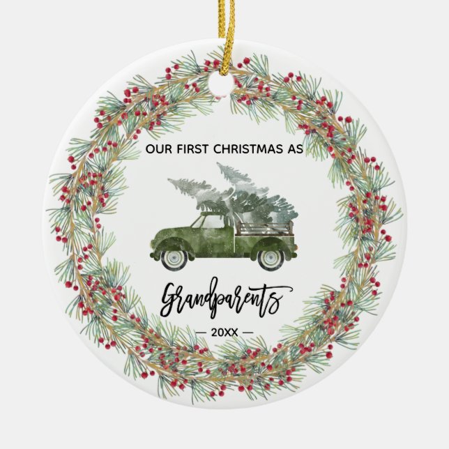 My First Christmas Grandparents Truck Greenery Ceramic Ornament (Front)