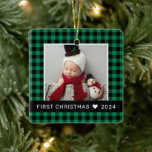 My First Christmas Green Buffalo Plaid Baby Photo Ceramic Ornament<br><div class="desc">A festive "My First Christmas" green and black buffalo plaid ornament design for your new baby. Personalise with your two favourite baby photos (or use the same photo on both sides), add your son or daughter's name and year born. Photo tip: crop photos to centred square photo before uploading to...</div>