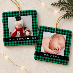 My First Christmas Green Buffalo Plaid Baby Photo Ceramic Ornament